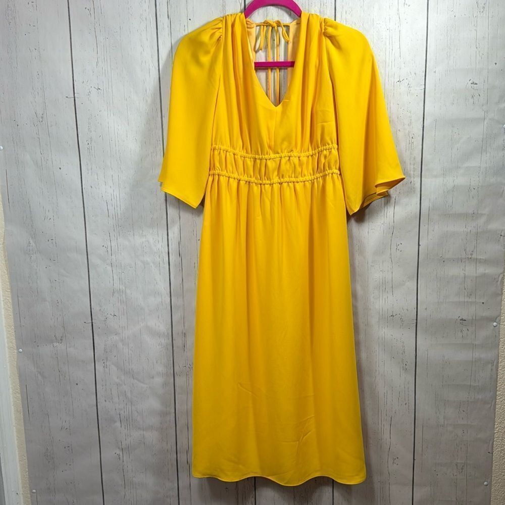 Trina Turk Yellow Empire Waist Midi Dress V Neck Balloon Sleeve Size 6 Retro
